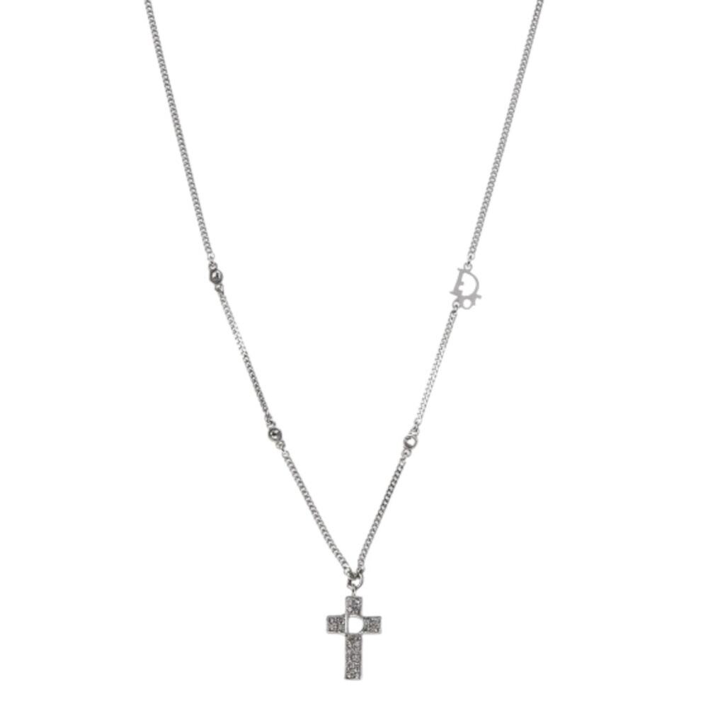 Christian Dior Silver Logo Crystal Cross D Charm Pendant Chain Necklace